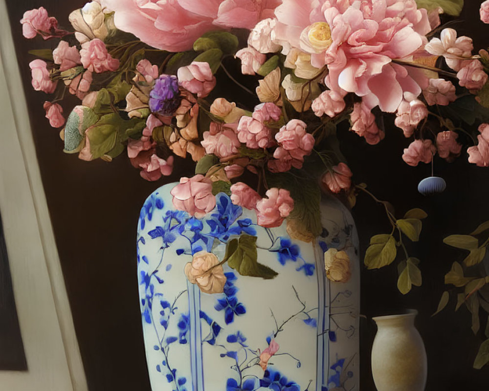 Blue floral pattern vase with pink blossoms on a table in serene still-life.