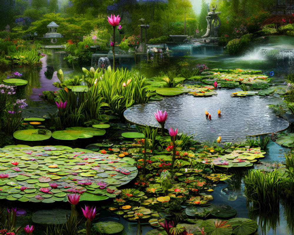 Tranquil pond with lily pads, statue, and cityscape