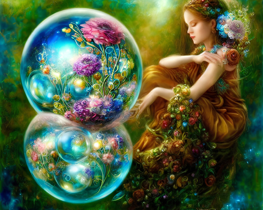 Woman in Golden Dress Surrounded by Flowers and Cosmic Bubble