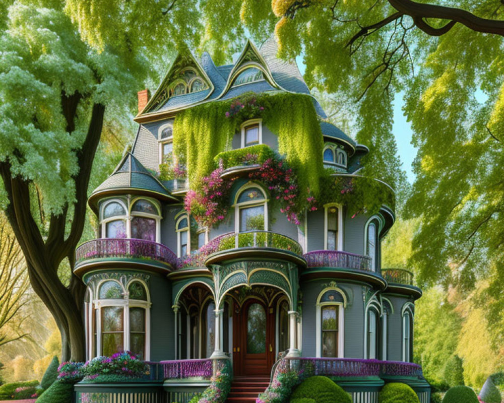 Victorian House with Green and Purple Details in Lush Garden