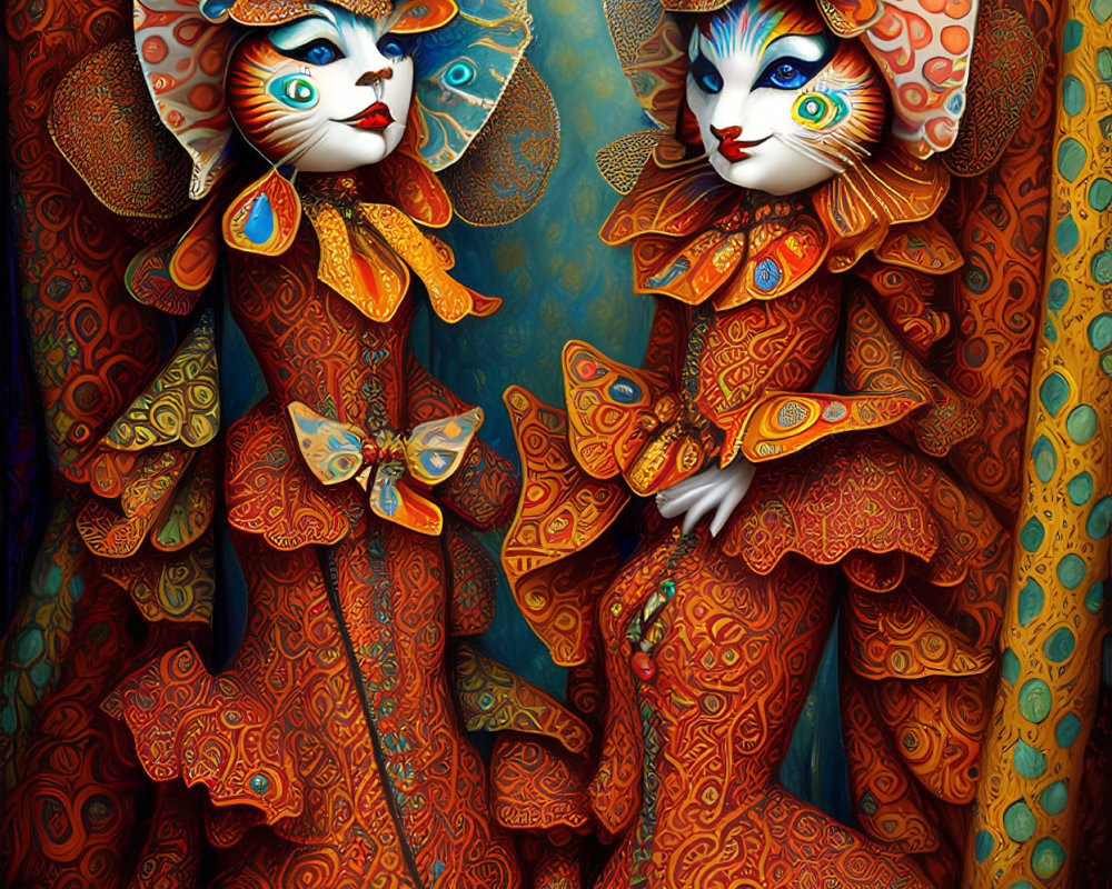 Stylized feline figures in orange and blue costumes with butterfly motifs