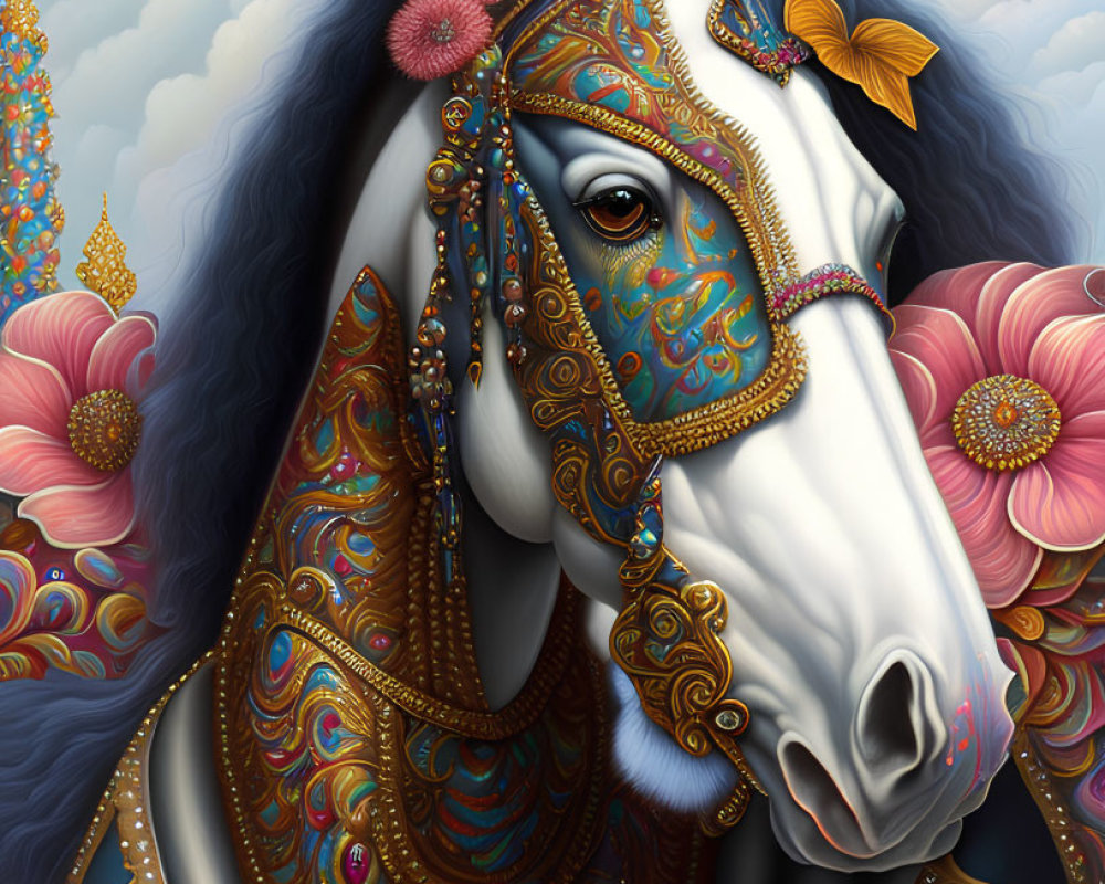 Adorned horse with jewel-toned embellishments on floral backdrop