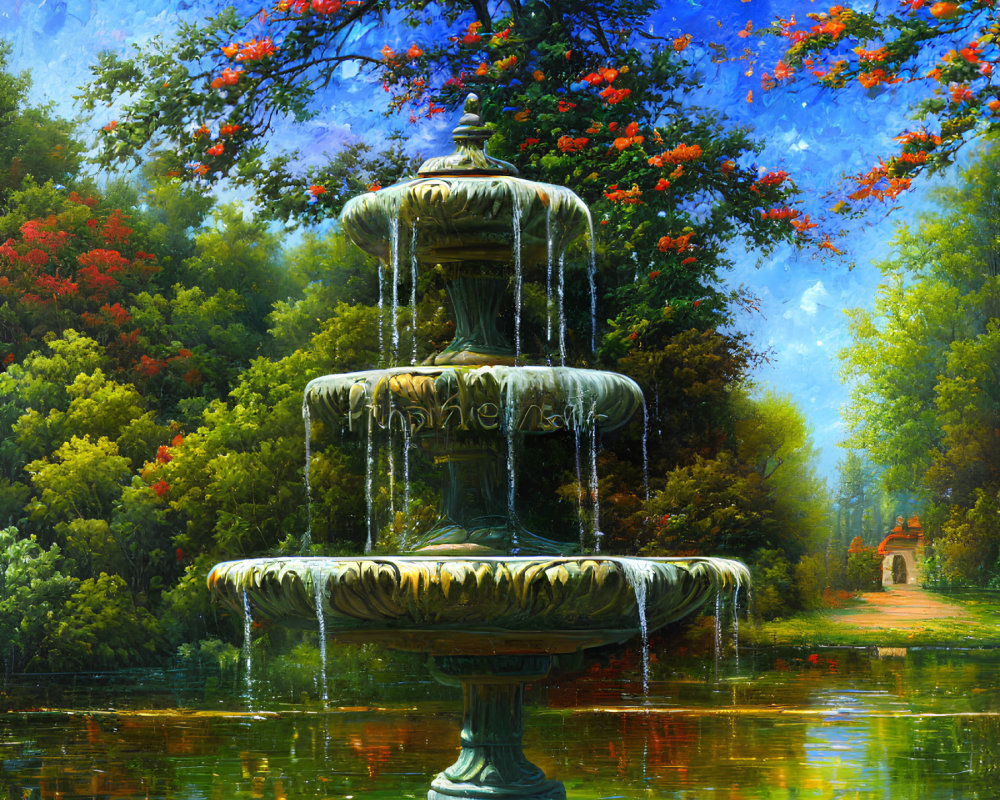 Colorful painting of elaborate fountain in lush garden