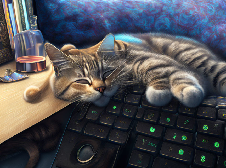 Tabby Cat Napping on Computer Keyboard with Smartphone and Spilled Coffee