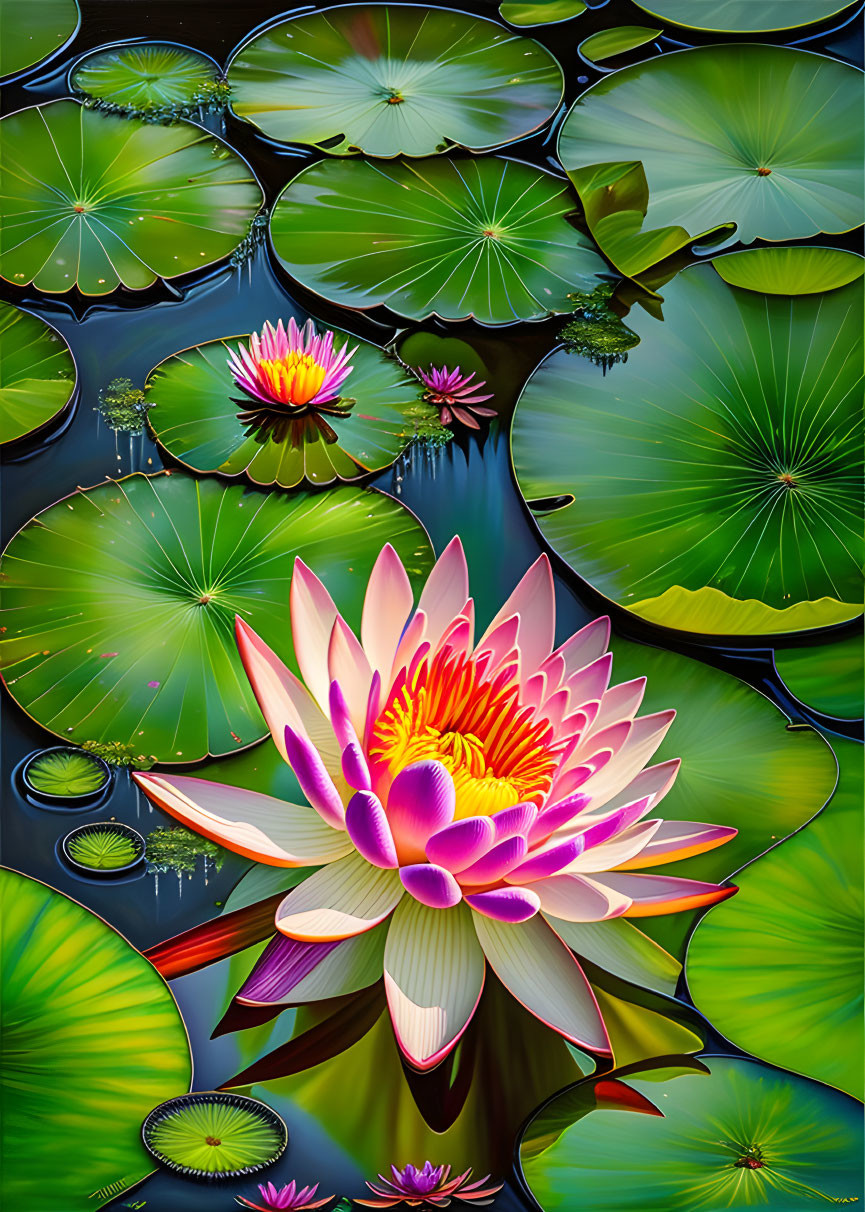 Colorful Water Lily with Lily Pads and Blooming Flower