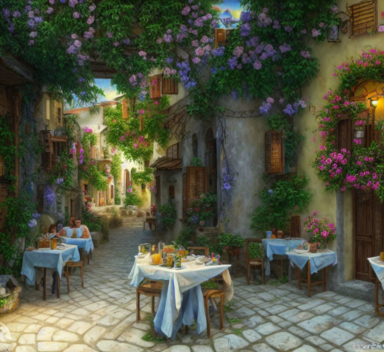 Stone-paved alley with outdoor dining tables and people enjoying meals under a twilight sky