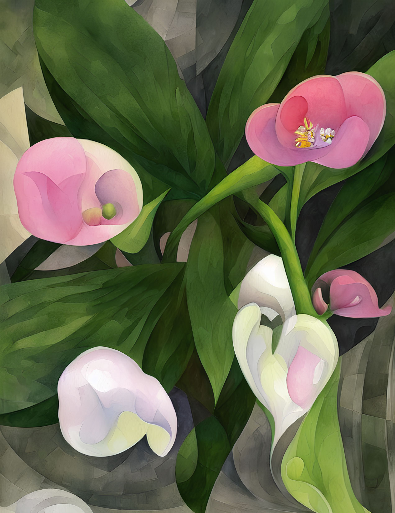 Pink and White Calla Lilies Illustration on Textured Grey Background