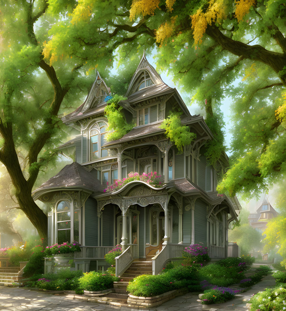 Victorian-style house in lush greenery with blooming flowers and sunlight.