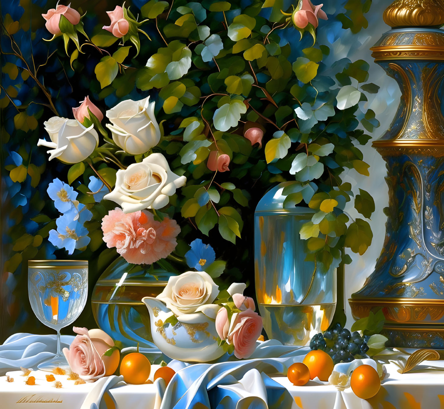 Ornate still life painting with roses, fruit, glassware, and blue backdrop