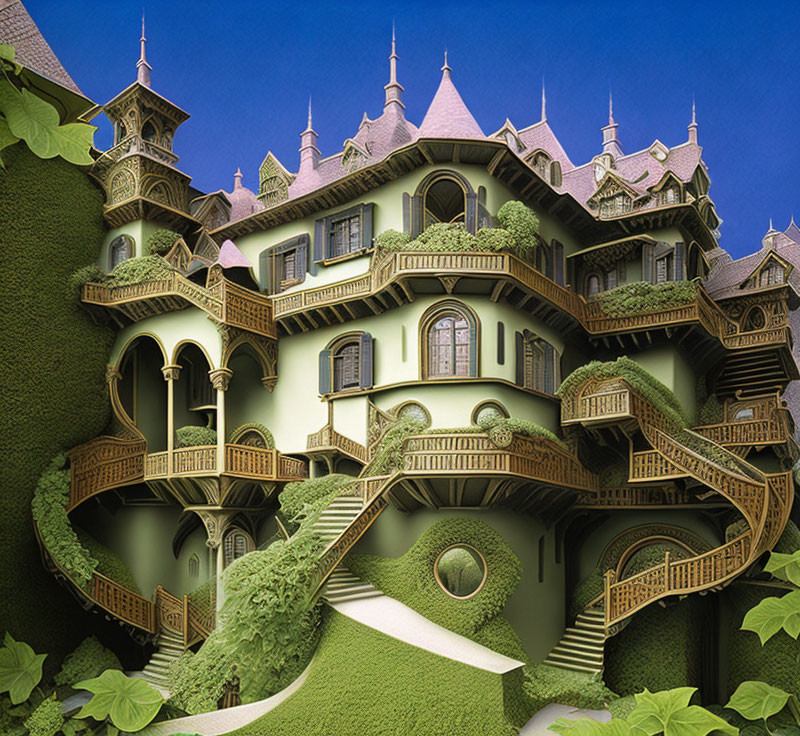 Fantasy-style mansion with towers, balconies, and staircases in lush setting