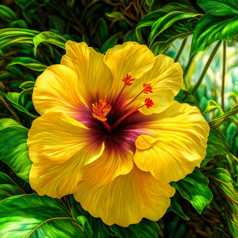 Vibrant Yellow Hibiscus with Red Center and Detailed Stamens