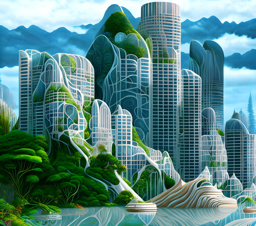 Futuristic cityscape with greenery, curved high-rise buildings, and water reflection.