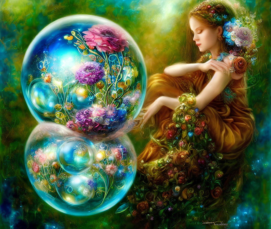 Woman in Golden Dress Surrounded by Flowers and Cosmic Bubble