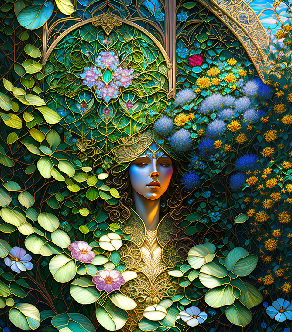 Symmetrical floral portrait in blue, green, and gold palette