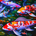 Colorful digital art: Koi fish, lily pads, blossoms