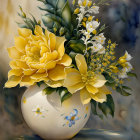 3D-rendered spherical white vase with paper-cut flowers in yellow and green on beige surface