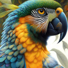 Colorful digital artwork featuring stylized parrot and small bird in blue and golden hues