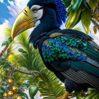 Colorful digital art: Mechanical bird like hornbill on branch with green leaves and fruit, cloudy sky