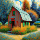 Colorful painting of cozy house in lush garden with bold brushstrokes