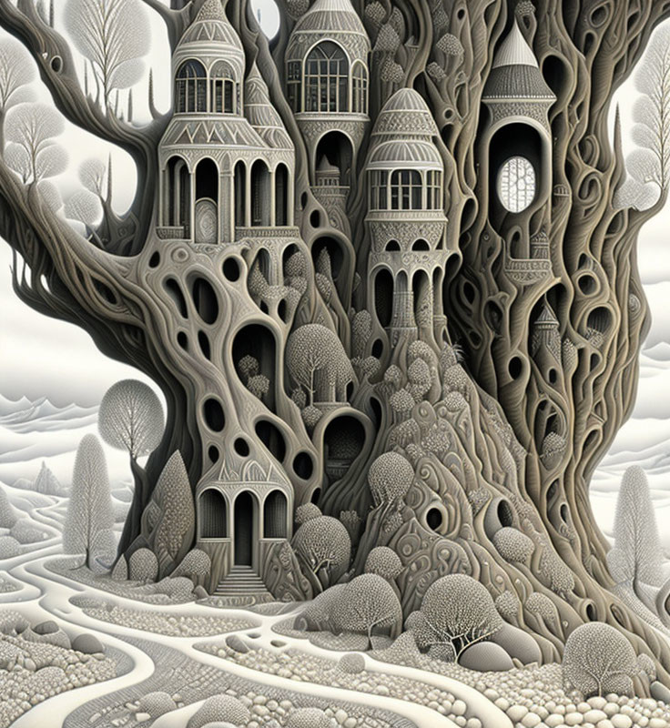 Detailed black and white fantasy tree with castle-like architecture in a textured landscape
