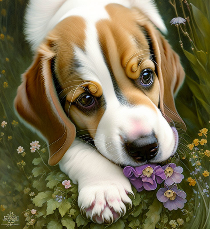 Detailed Beagle Puppy Illustration in Field with Flowers