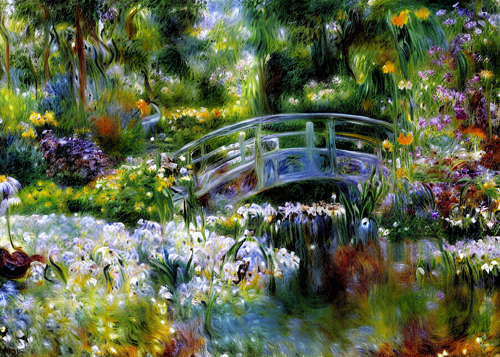 Vibrant flower garden with tranquil pond and wooden bridge