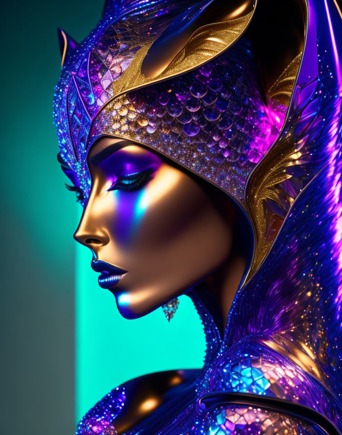 Digital Art: Female Figure with Golden-Purple Headdress