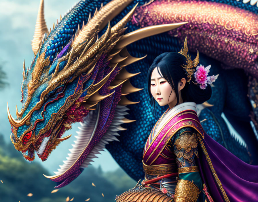 Traditional East Asian Woman Stands with Colorful Dragon in Forest