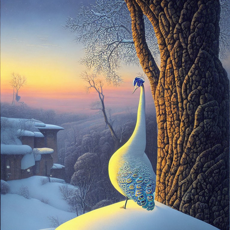 Colorful peacock in snowy landscape with cottages and dawn sky