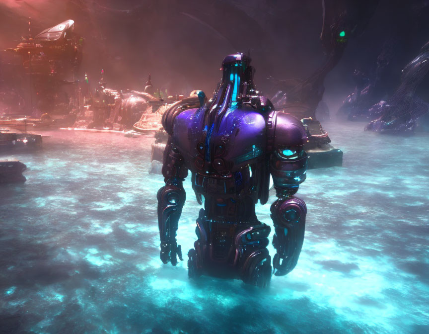 Glossy Purple Humanoid Robot in Alien Landscape with Bioluminescent Elements