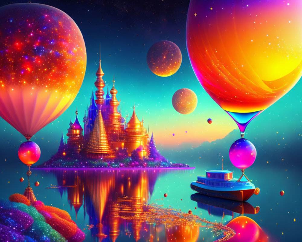 Vibrant fantasy landscape with illuminated castles and hot air balloons on reflective water surface