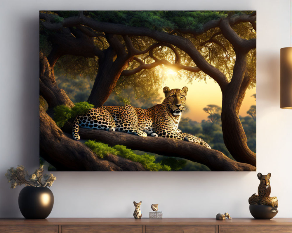 Leopard on Tree Branch at Sunset Canvas Print in Living Room