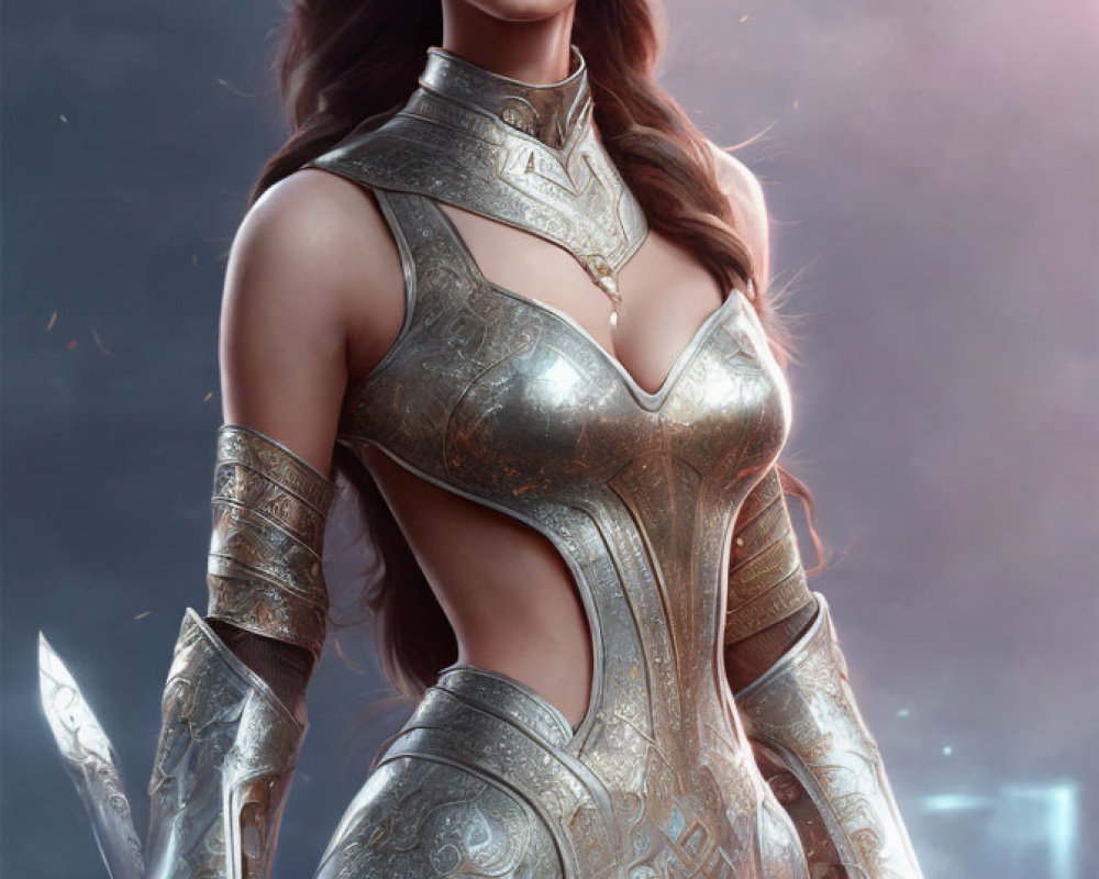 Digital artwork of formidable female warrior in ornate armor ready for battle against stormy sky.