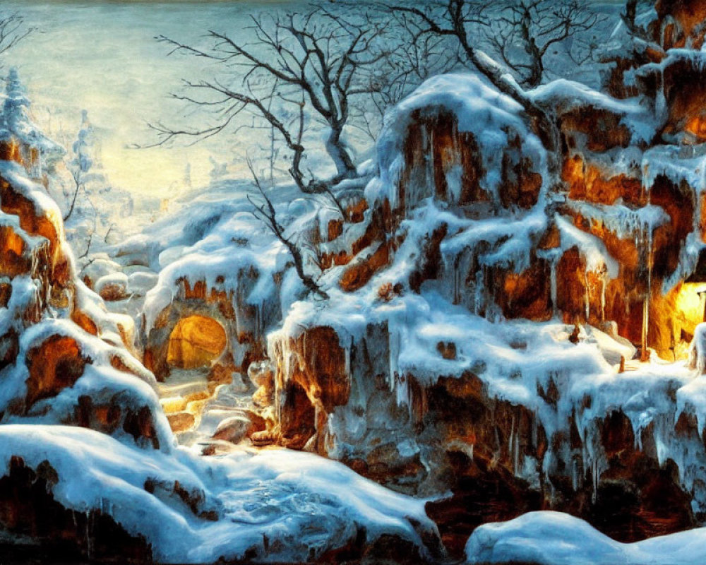 Snowy landscape at dusk with lantern-lit path through ice-covered cliffs and frosted trees