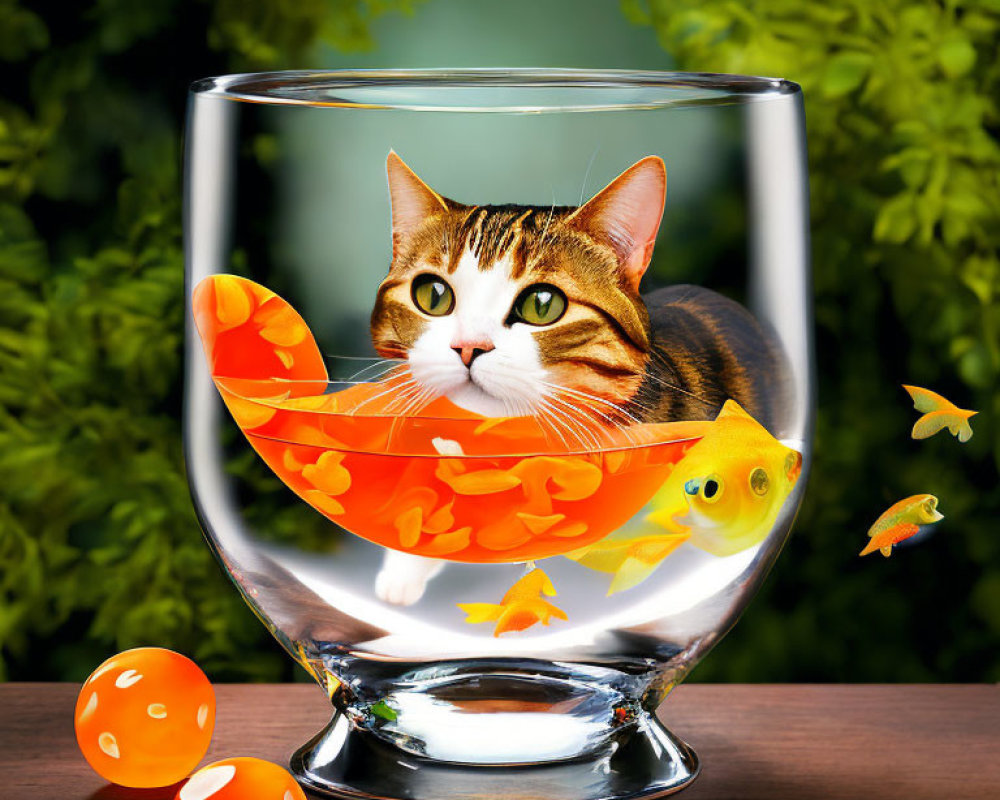Striped cat in fishbowl with toy fish and goldfish, dice and foliage backdrop
