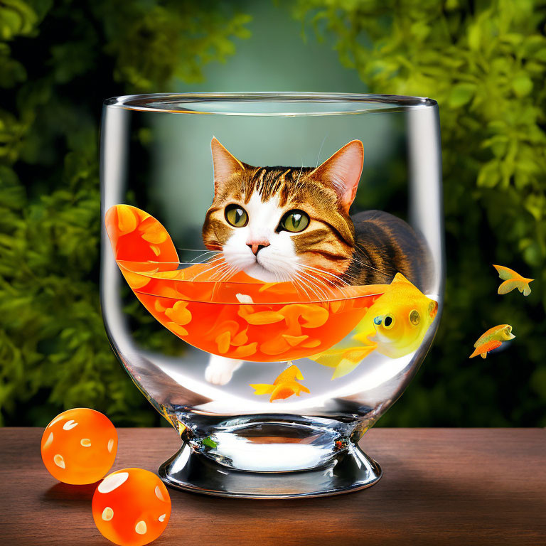 Striped cat in fishbowl with toy fish and goldfish, dice and foliage backdrop