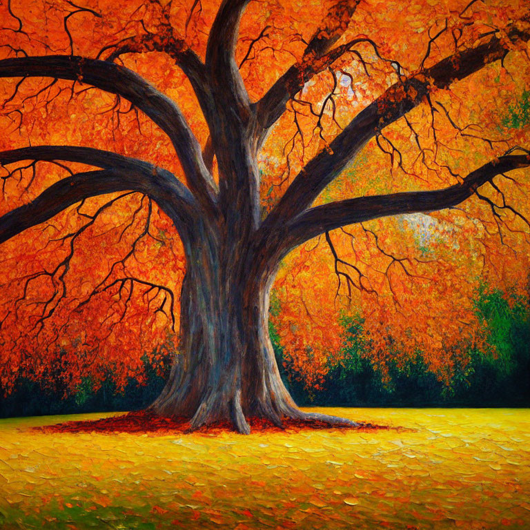 Large tree painting with bright orange autumn leaves and fallen foliage