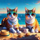 Colorful Cartoon Cats with Sunglasses Fishing on Beach