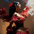 Woman in red flamenco dress with flower in hair striking dramatic pose amid swirling smoke