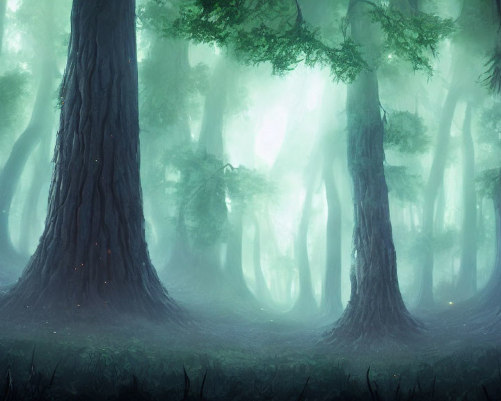 Enchanting foggy forest with tall trees, green glow, and red lights.