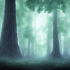 Enchanting foggy forest with tall trees, green glow, and red lights.