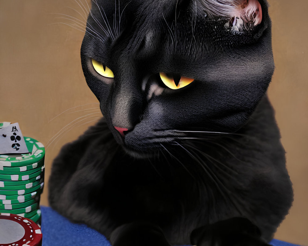 Black cat with yellow eyes at poker table with chips and cards.