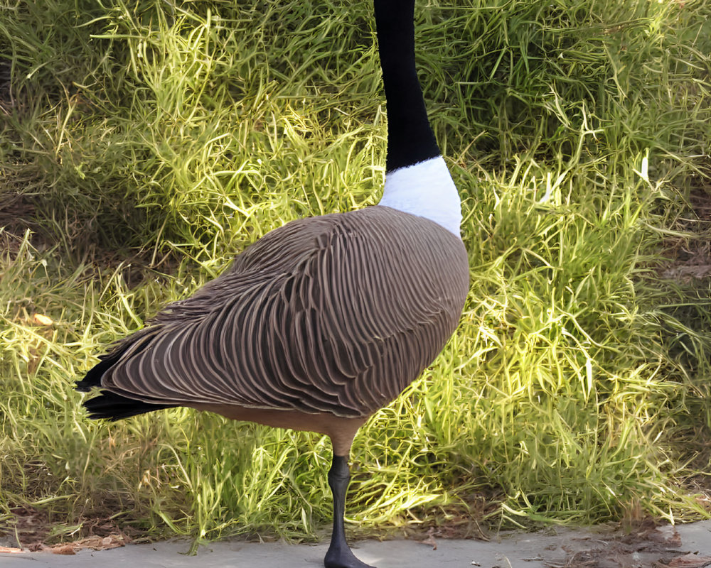 Canada Goose Standing on One Leg on Concrete Path with Green Grass Background
