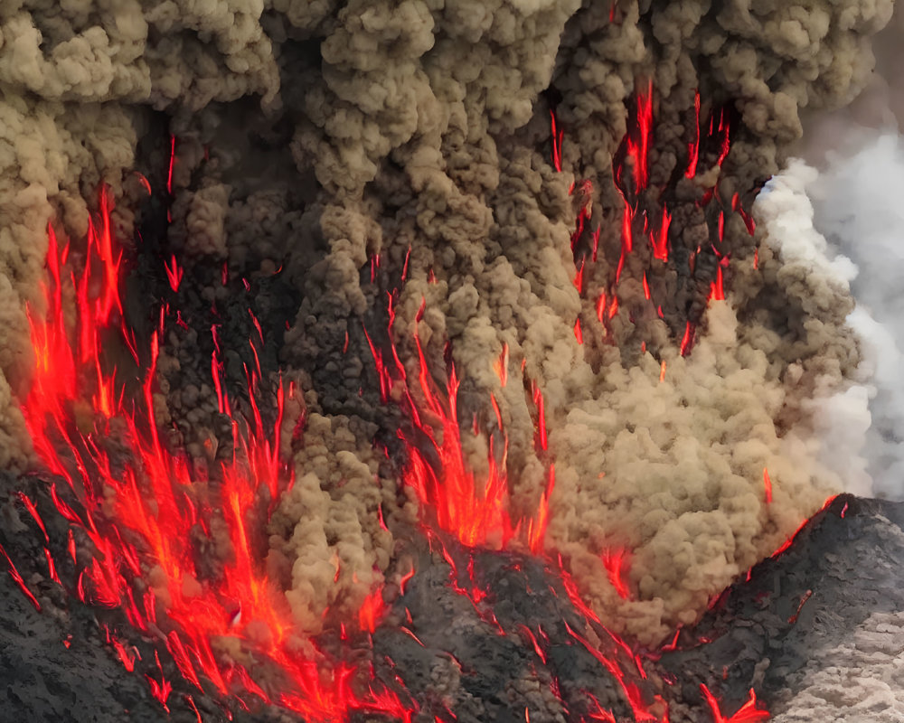 Destructive volcanic eruption with lava and ash clouds