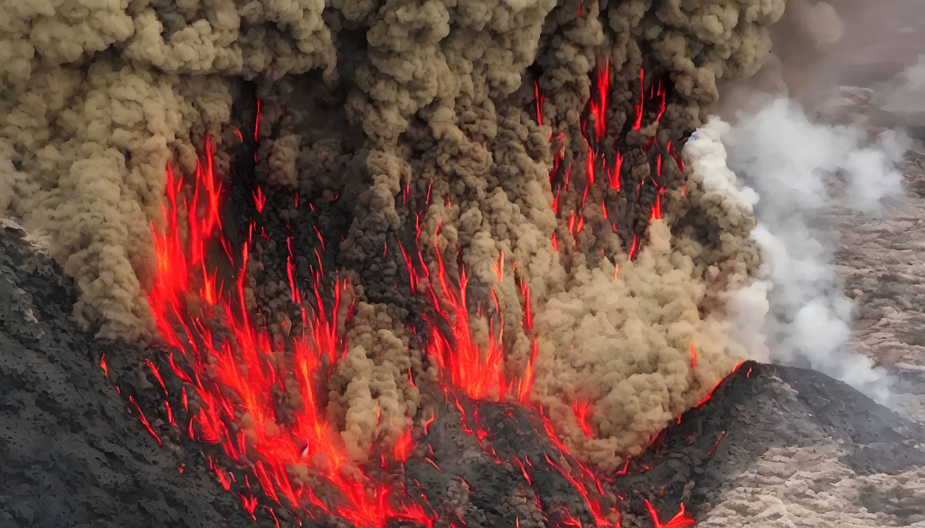 Destructive volcanic eruption with lava and ash clouds