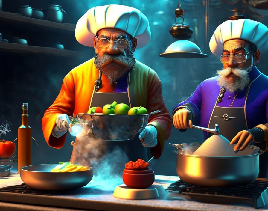 Colorful Kitchen Scene: Animated Chefs Cooking in Orange and Blue