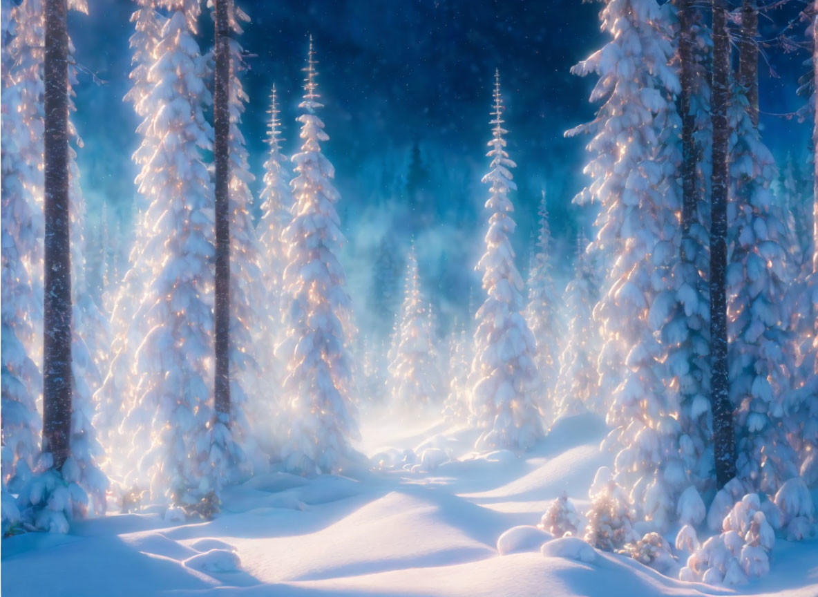 Snow-covered forest with tall pine trees under twilight sky