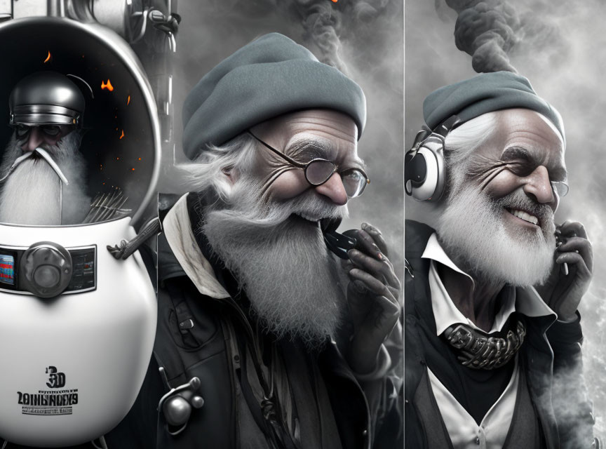 Three stylized portraits of an elderly man in various roles with dramatic lighting and smoke effects