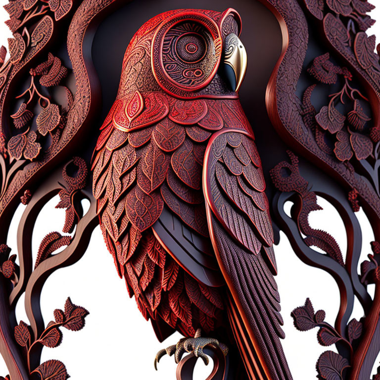Detailed Stylized Owl Artwork in Red and Brown Texture Patterns