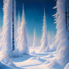 Snow-covered forest with tall pine trees under twilight sky